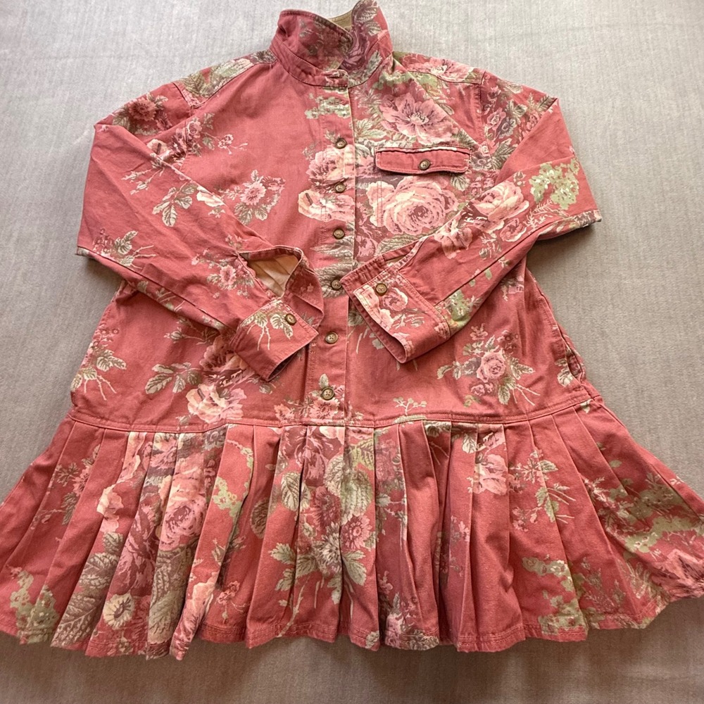Free People Floral Mini Dress Pink Pleated Drop Waist Long Sleeve Size M